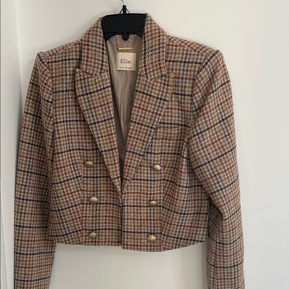 Women's Plaid Double-Breasted Blazer - Brown